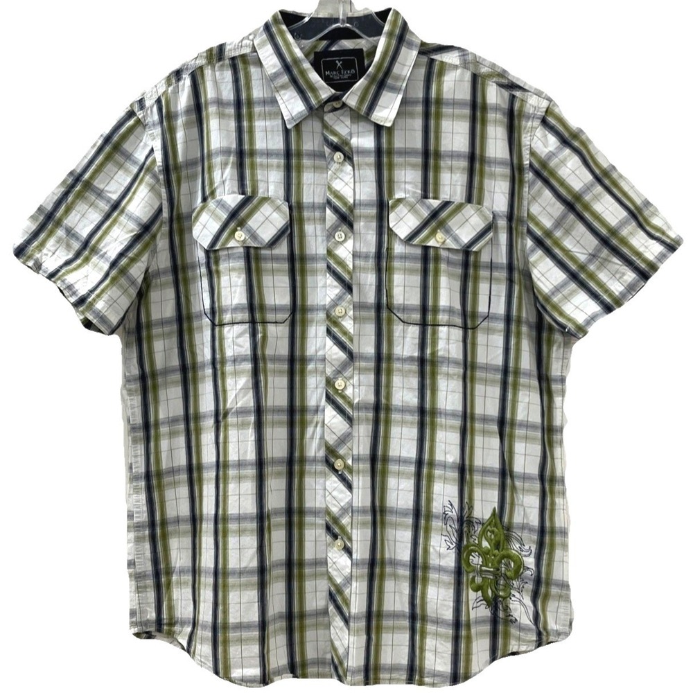 Marc Ecko Men's Plaid Shirt XL Green Blue Embroidered Front & Back Short Sleeve
